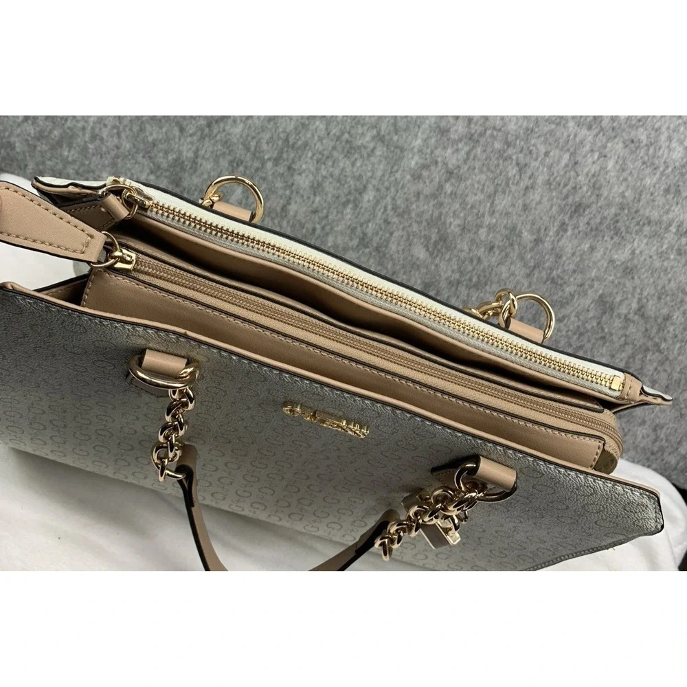 Guess Ellison Logo Satchel Tote Shoulder Bag Purse - Beige/Brown (13.5"x10.5") - Picture 4 of 12